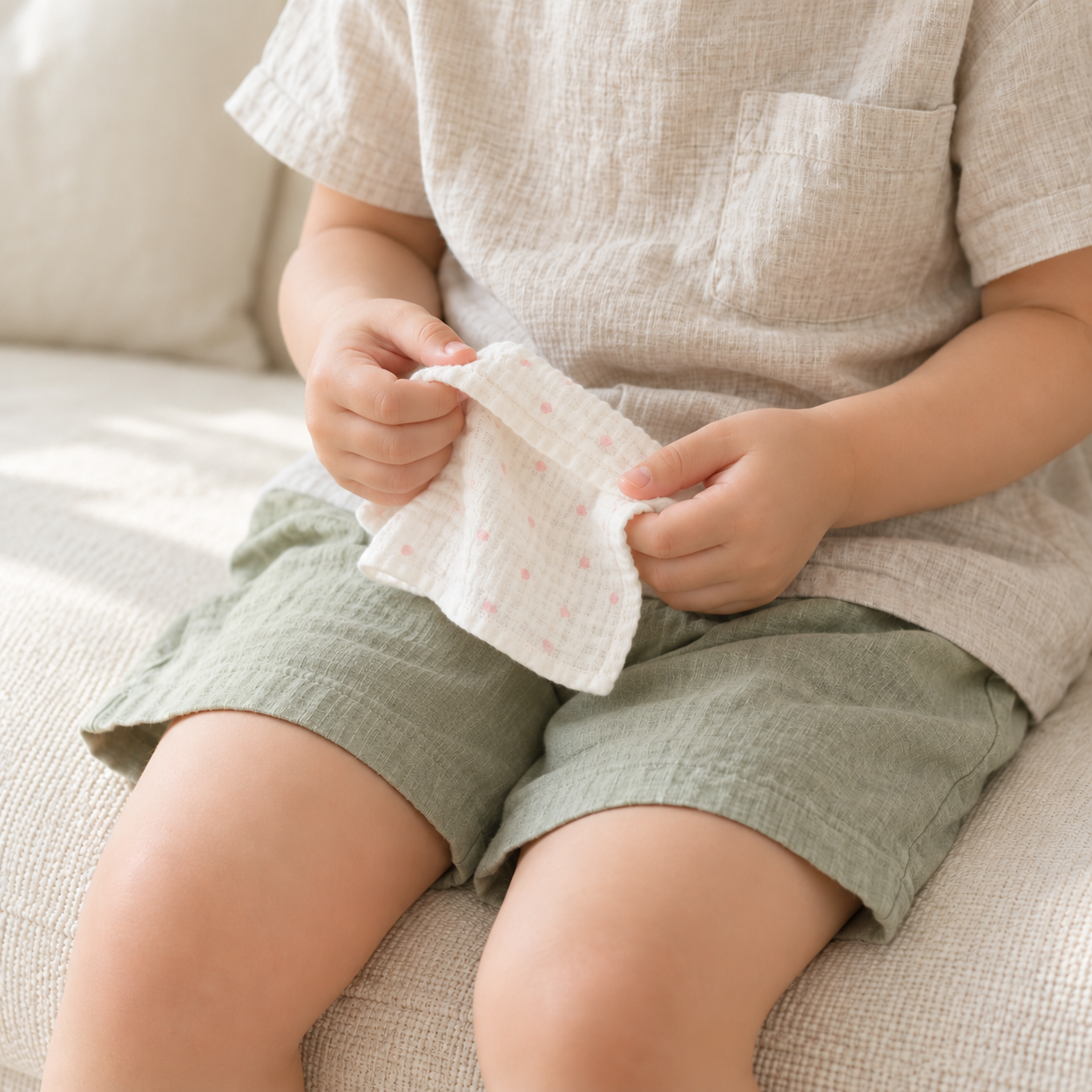 子どもがガーゼハンカチを手に持つイメージ画像